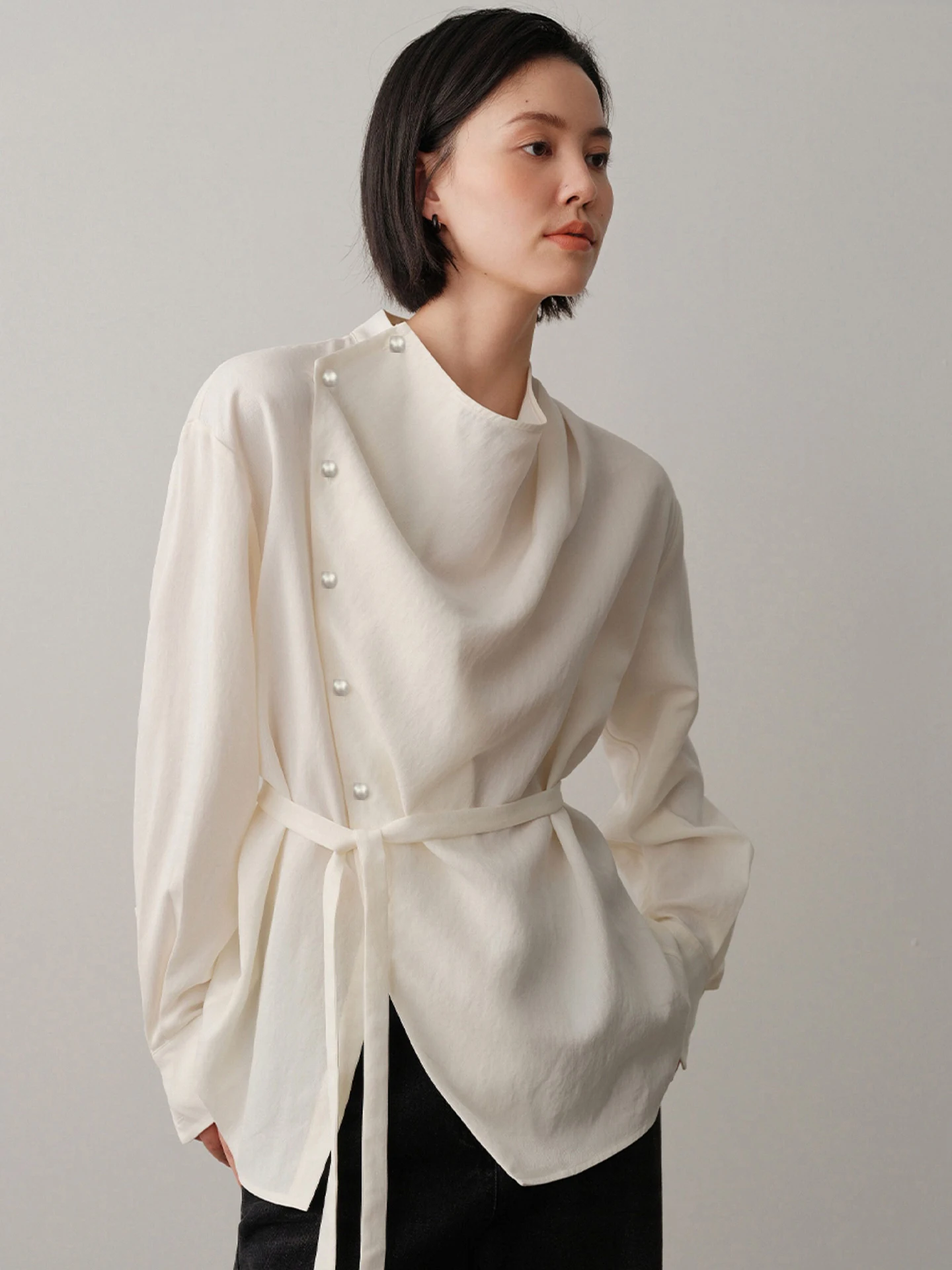 

Spring Fashion Belted Waist Slimming Design Casual Long Sleeve Women's Shirt Comfortable Loose Fit Versatile European Style N...