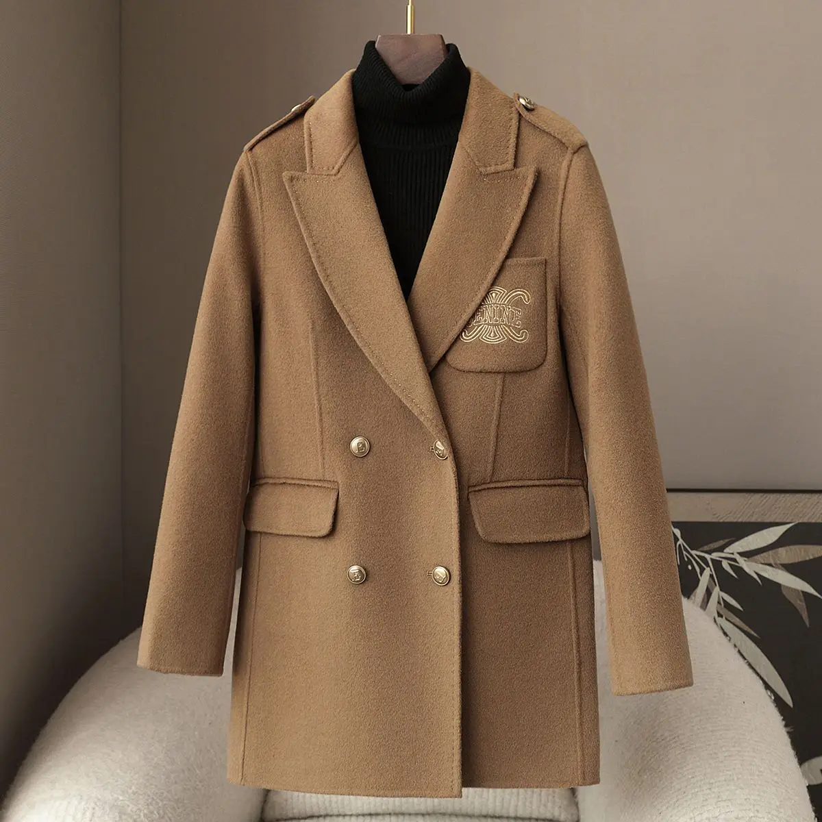 

Autumn New 10% Cashmere Suit Collar Woolen Coat Women's 2025 Korean Version Medium&Long Woolen Coat