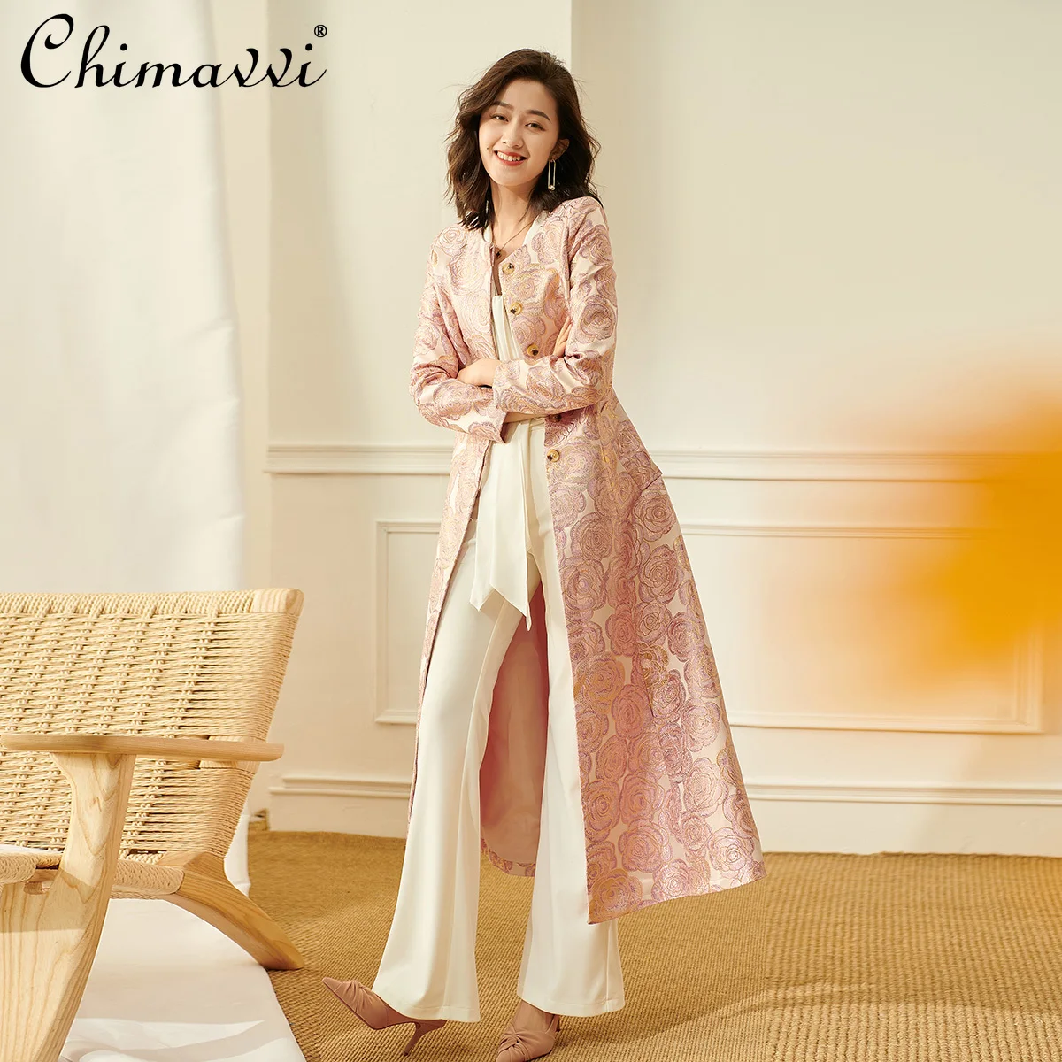 

Luxury Pink Gold Jacquard Embroidered Rose Super Long Trench Coat Women's 2022 Spring Fashion Office Lady Exquisite Windbreaker
