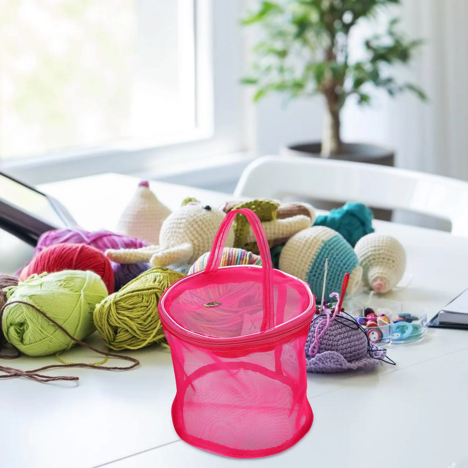 دلو تخزين الغزل حقيبة كروشيه منظم الحياكة حقيبة محمولة مع مقابض شبكية حقيبة تخزين كروشيه وردية خفيفة الوزن