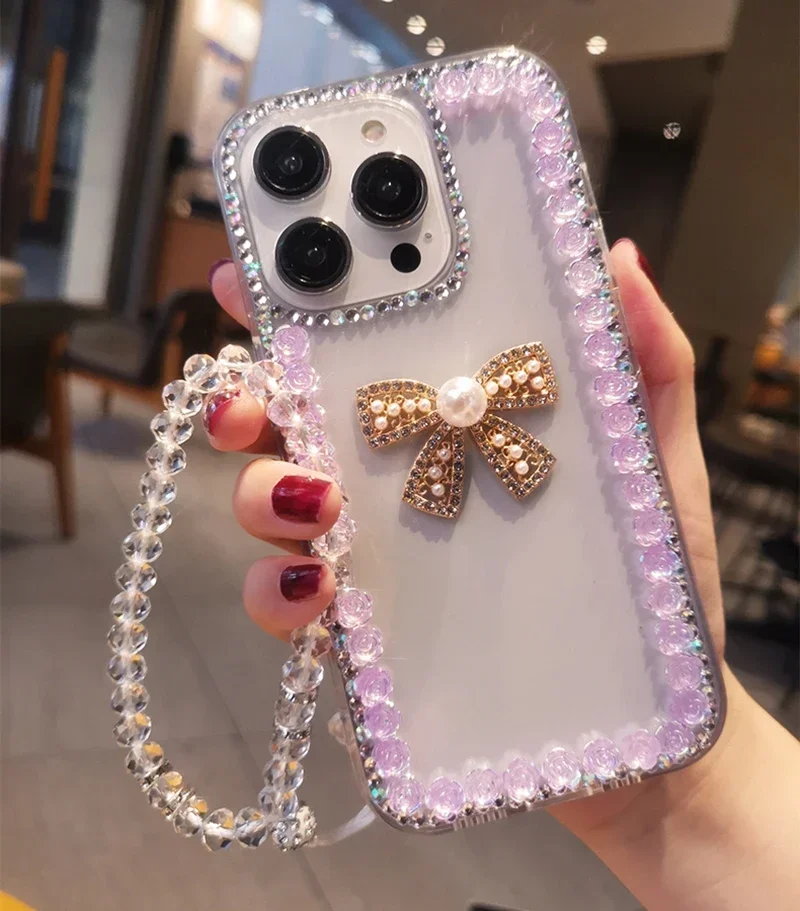 Rhinestone Pearl Bowknot Phone Case For HuaweiP30 P50 P40lite Mate30 40 For Honor8X 9X 50 60Pro Crystal Rose Flowers Clear Cover