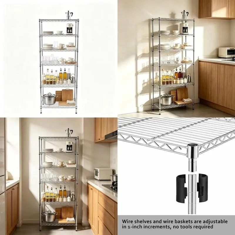 6 Tier Steel Wire Kitchen Storage Rack for Pots Pans Tableware Countertop Appliances Multipurpose Organizer Shelf
