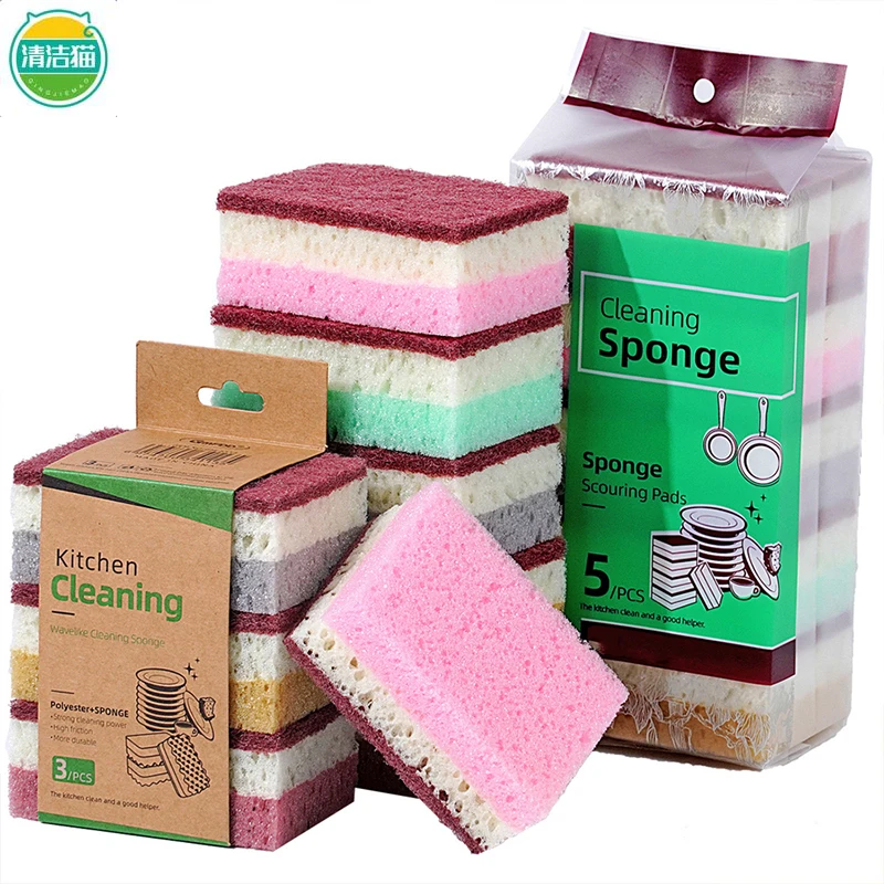 5/10pcs High Density Sponge Cleaning Cloth Dishwashing Cloth Non Greasy Kitchen And Catering Supplies Sponge Brush For Pot Bowl
