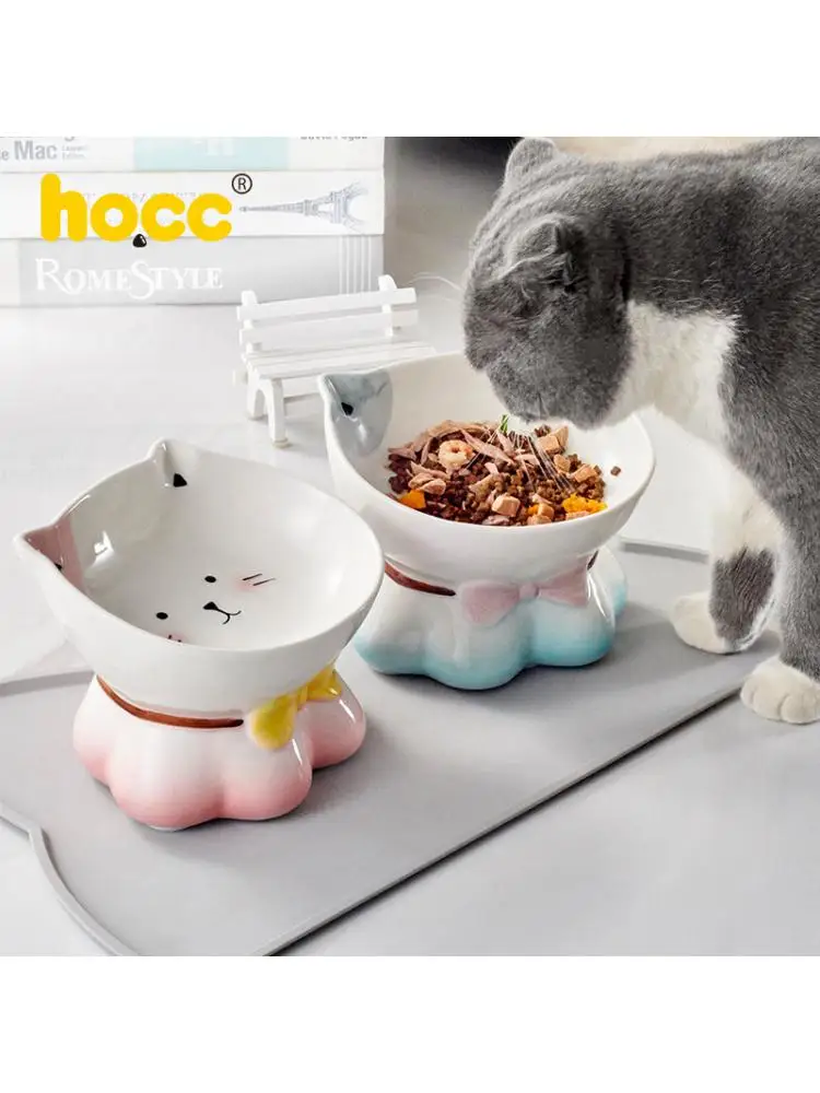 

Ceramic Cat Bowl to Protect the Cervical Spine, Oblique Mouth, High Foot, Food Drinking Bowl, Pet Supplies