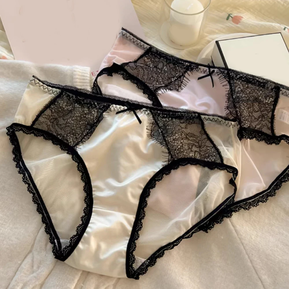 Summer Sexy Lace Satin Panties Bowknot Comfort Briefs Soft Thin Breathable Briefs Soft Cozy Underwear Female Underpants