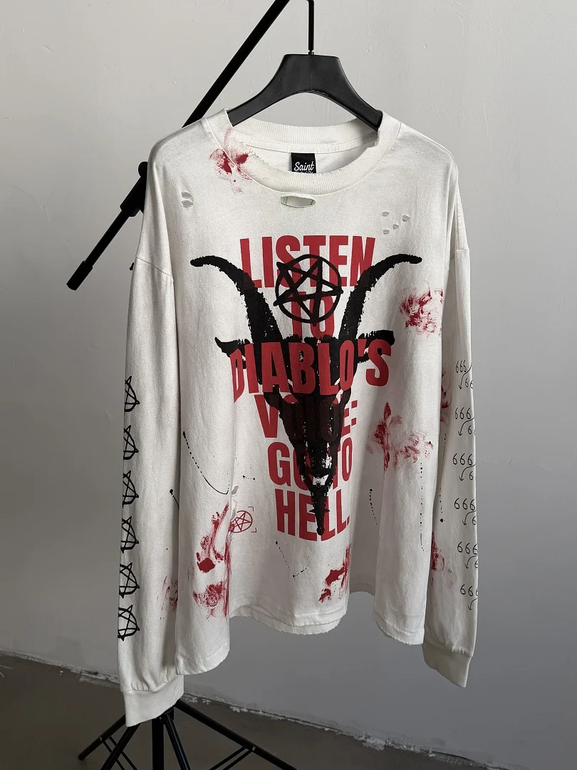 Saint Vintage Destroyed Hole White Long Sleeve T Shirt Men Oversized Loose Gothic Punk Metal Streetwear Unisex Casual Top