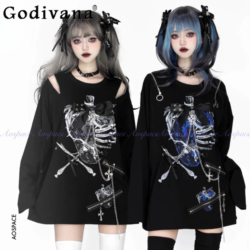 

Оригинальная черная готическая футболка с длинными рукавами Subculture, осенняя новинка для девочек Y2k, топы с открытыми плечами и цепочкой с принтом для девочек, толстовка с открытыми плечами