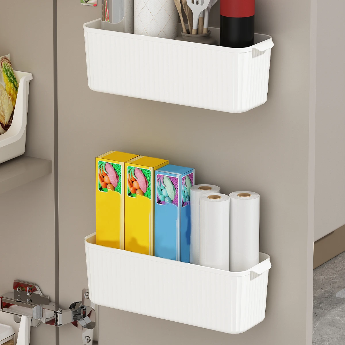 WORTHBUY Wall Mounted Punch Free Self Adhesive Storage Rack Holder Cabinet Door Plastic Organizer Shelf Kitchen Accessories