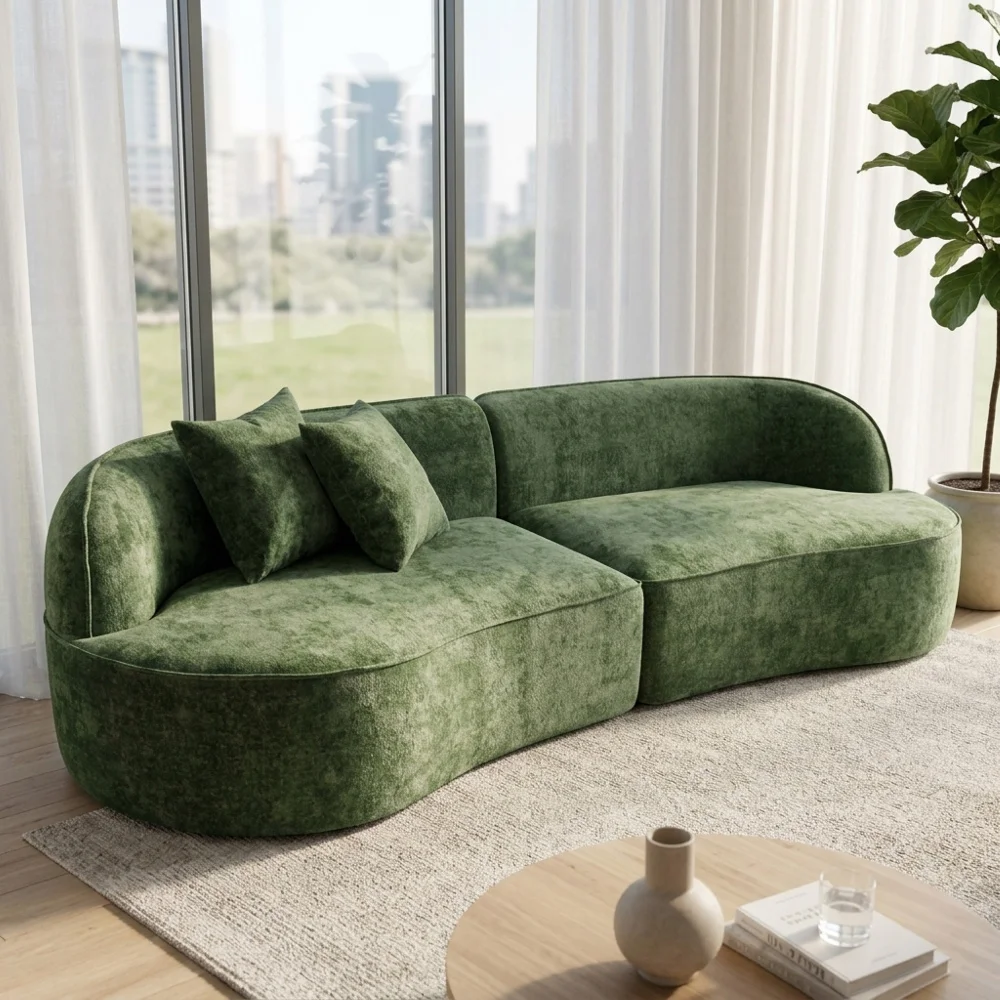 Modern Curved Modular Sectional Sofa Dark Green Chenille Fabric Frameless Floor Couch for Living Room Apartment and Lounge