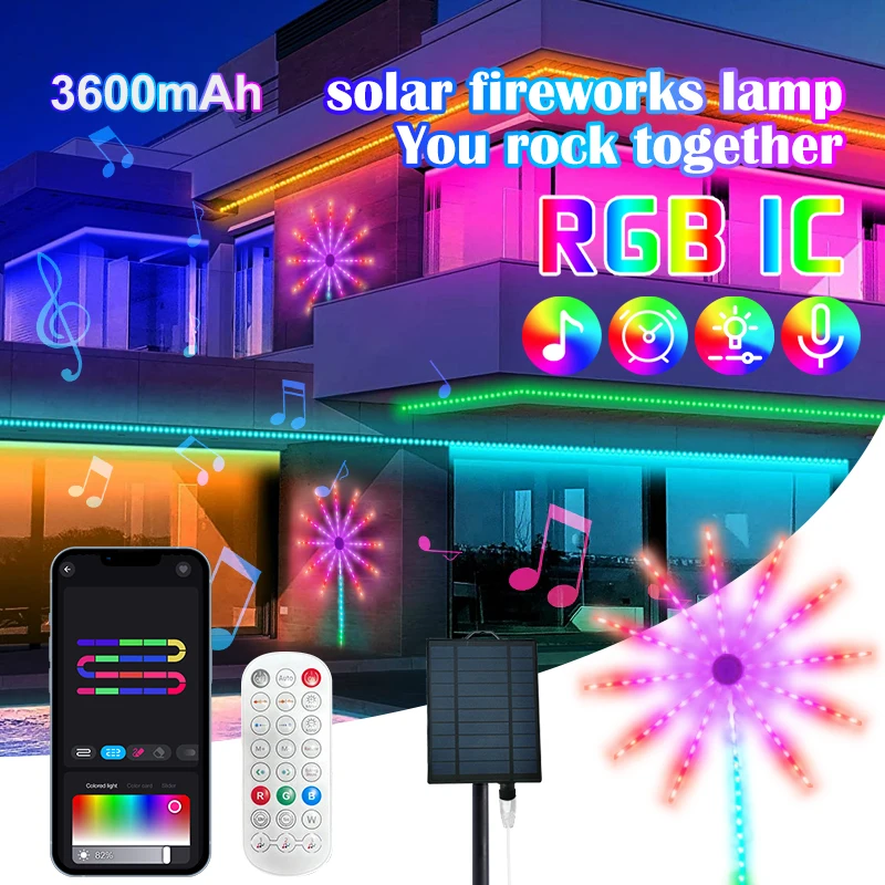 Solar LED Fireworks Lights RGBIC Cor Mudar Strip Light Music Sync Lâmpada de parede impermeável com controle remoto Decoração do Natal