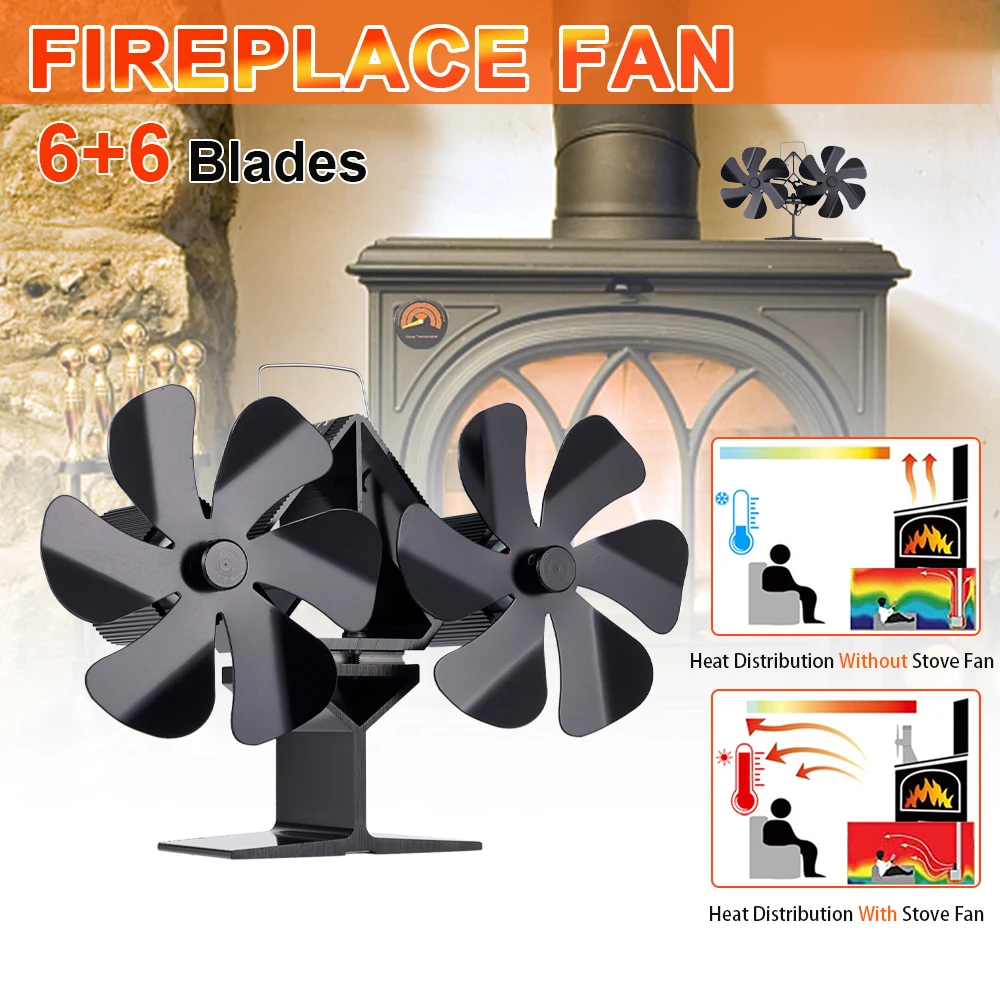 Double Head Black Fireplace Fan 12 Blade Heat Powered Stove Fan No Battery or Electricity Required Log Wood Burner Eco Quiet Fan