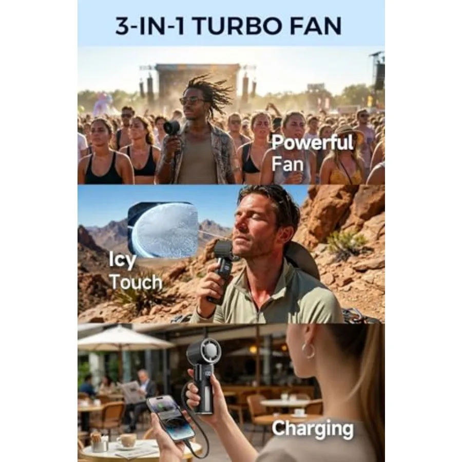 Portable Handheld Turbo Fan with Cooling Plate and Retractable USB-C Cable, 6000mAh Rechargeable, Powerful 100-Speed Wind, LED