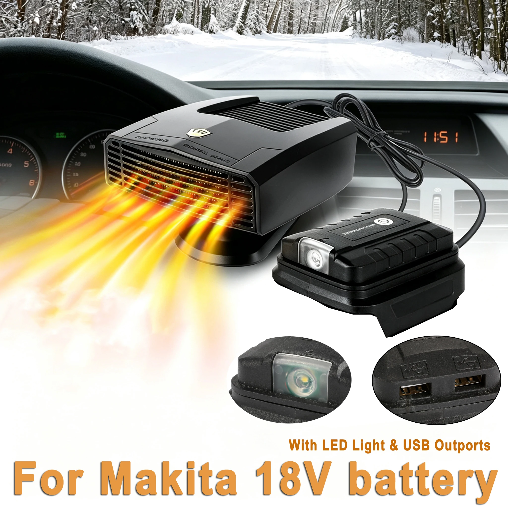 Image of 600W Autoheizung Winter-Entfroster für Makita 18V Batterie, 360 ° Rotierender, kabelloser, tragbarer Wärmer mit LED-Licht und 2 USB-Ausgängen zum Aufladen von Telefonen