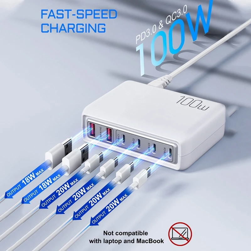 For Apple 20W Fast Charge Cell Phone Charger Portable 100W Multi-Port Charger + US Plug White
