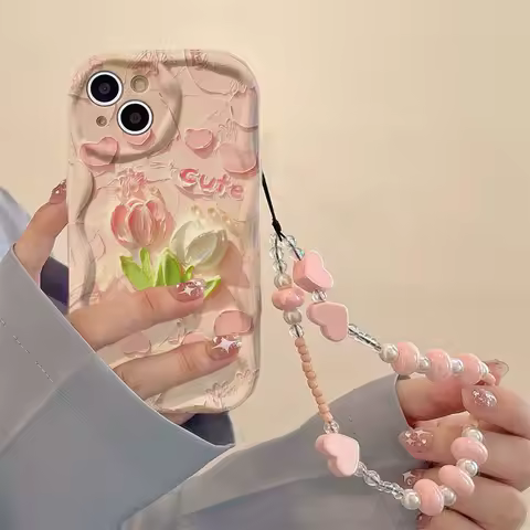 Art Flowers With Heart Chain Case For RENO 14F 13F 11F 12F 13 14 PRO 10 6 Lite OPPO A2 A3 A5 A6 PRO A3X A5X A18 A38 A60 A58 A78