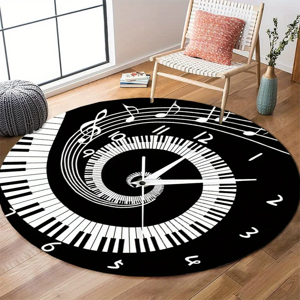 Musical Clock Design Round Rug Flannel Cozy Floor Mat Music Lover Gift Bedroom Decor Unique Pattern