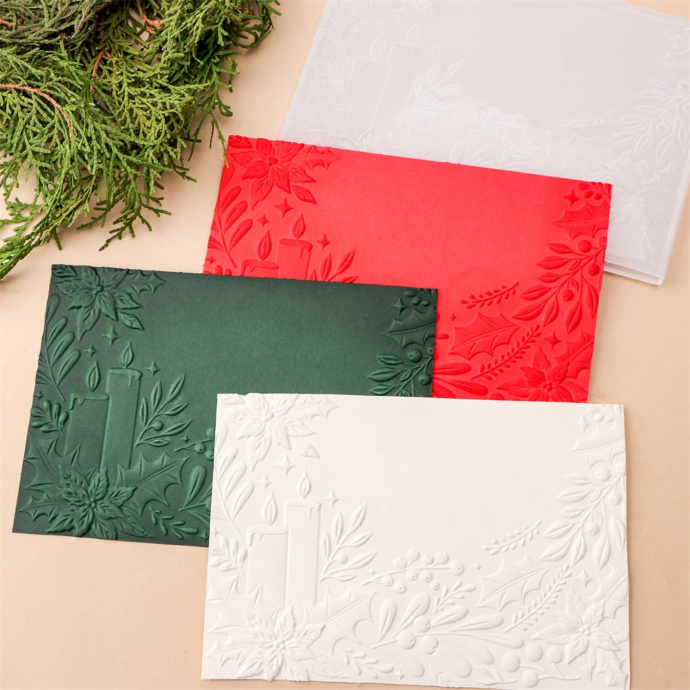 1pc 3D Embossing Folder Holly Poinsettia Pinecone Leaves with Candles Patterm for DIY Christmas Theme Scrapbooking Paper Crafts