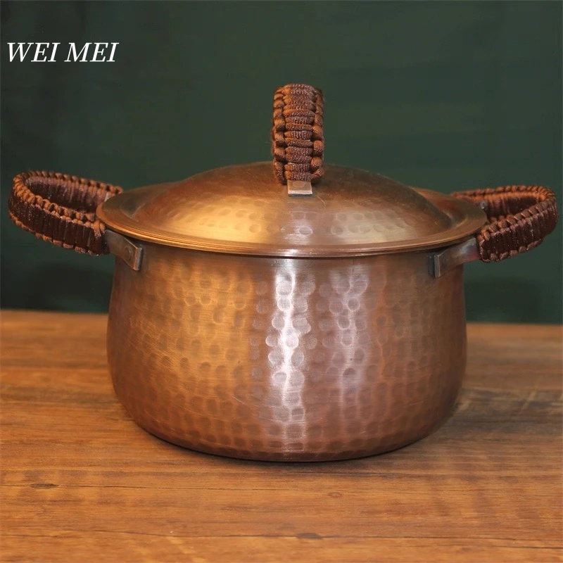 

Copper Tableware Small-Sized Pasta Pot,With lid Hammer Texture Soup Pot,Handcrafted Kitchenware Portable Thickened Circular Pan
