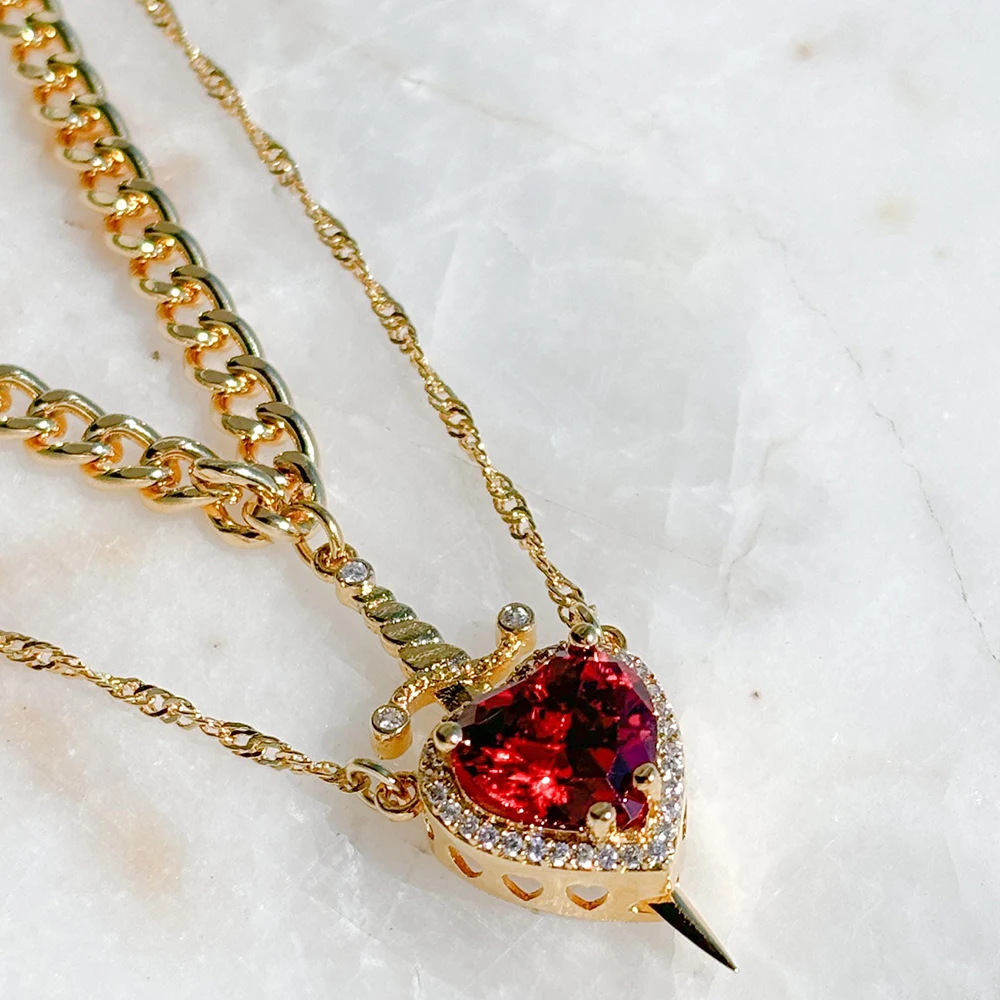 Heart and Sword Stainless Steel Necklace Double Layer Chain Crystal Charm Couple Friendship Necklaces for Women Girls