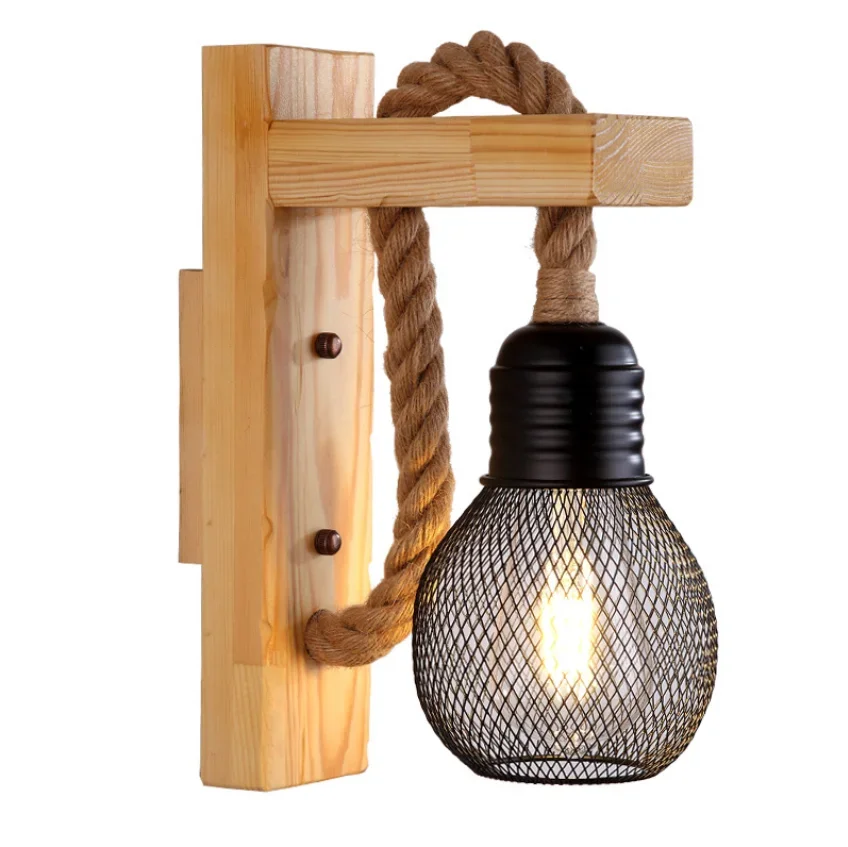 Vintage Wood Hemp Rope Wall Lamps Fixture Retro Hallway Bedside Loft Light Luminaire Industrial American Decor Lighting Wooden