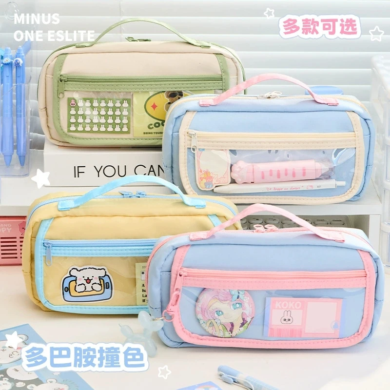 Large Capacity Pink Blue Pencil Bag Stationery Pouch Gift Case Ruler Holder School Girl Cosmetic Bag Storage Handle Pen Organize
