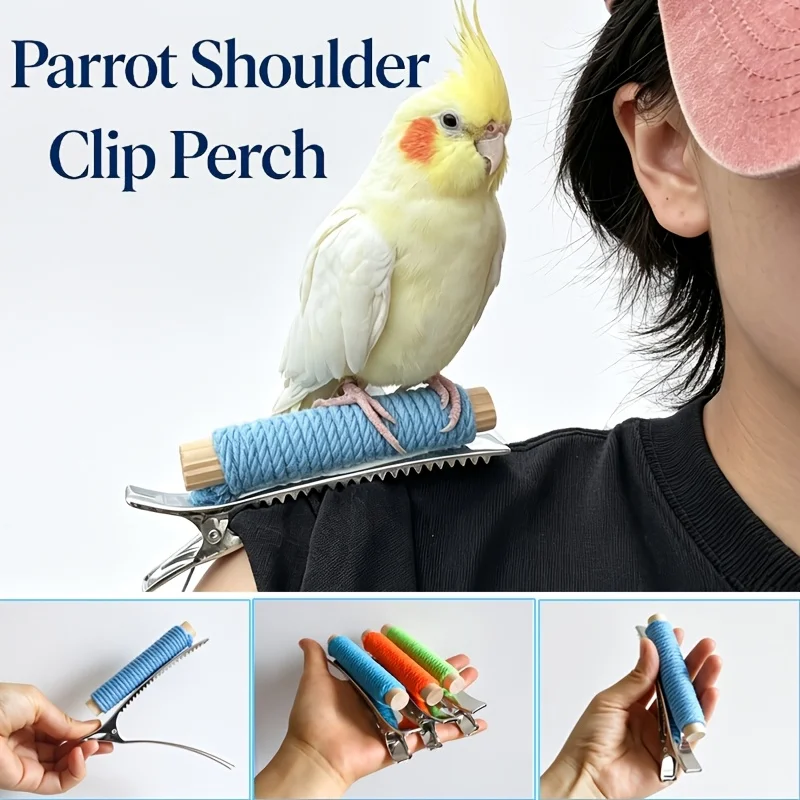 Parrot Metal Clip Perch/Shoulder Roosting Play Stand/Colorful Rope Wrapped Wooden Stick/Bird Interaction Training Stand