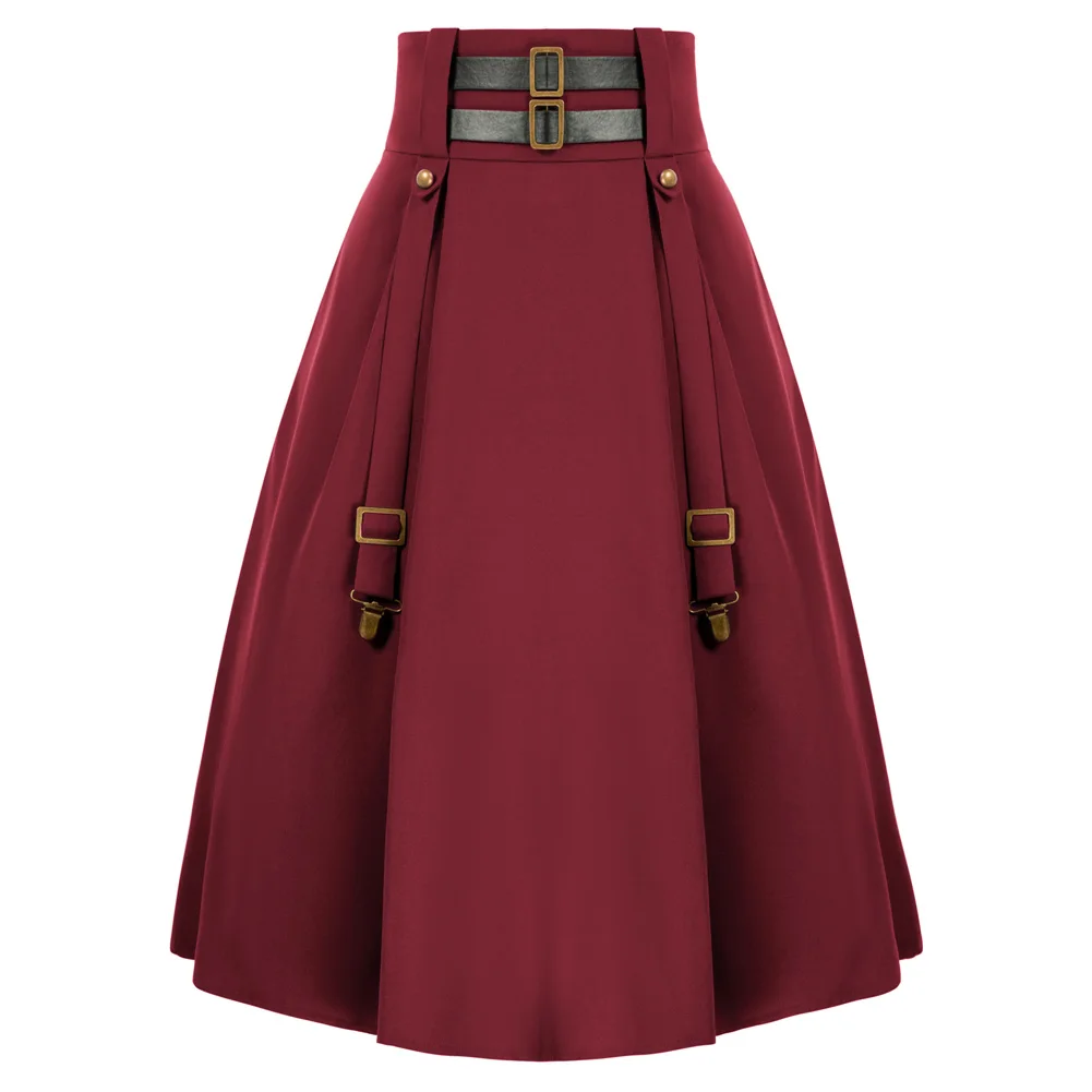 SD Goth Steampunk A-Line Skirts Women Renaissance Skirts Elastic High Waist Flared Skirts Adjustable Belt Punk Skirts