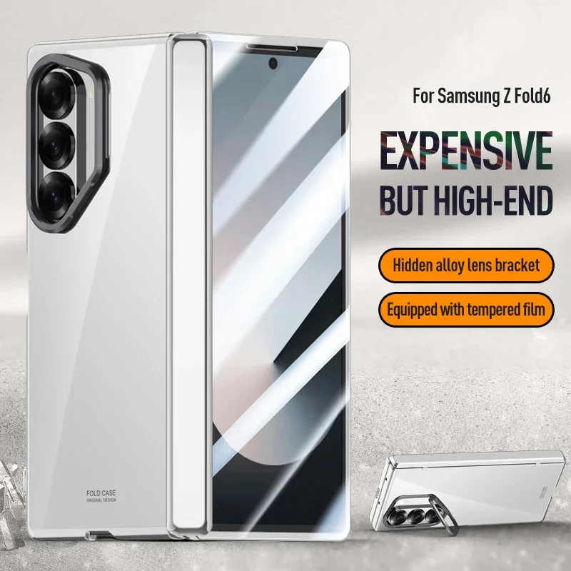 For Samsung Galaxy Z Fold 6 Case Magnetic Electroplated Hard PC Folding Hinge Lens Kickstand Cover With Tempered Glass