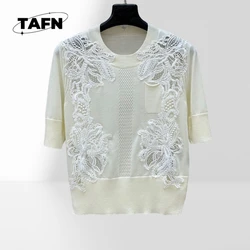 25Luxury style Cashmere Banquet lace short sleeve floral top knitted clothing women 75% wool 25% real silk elegantA25366