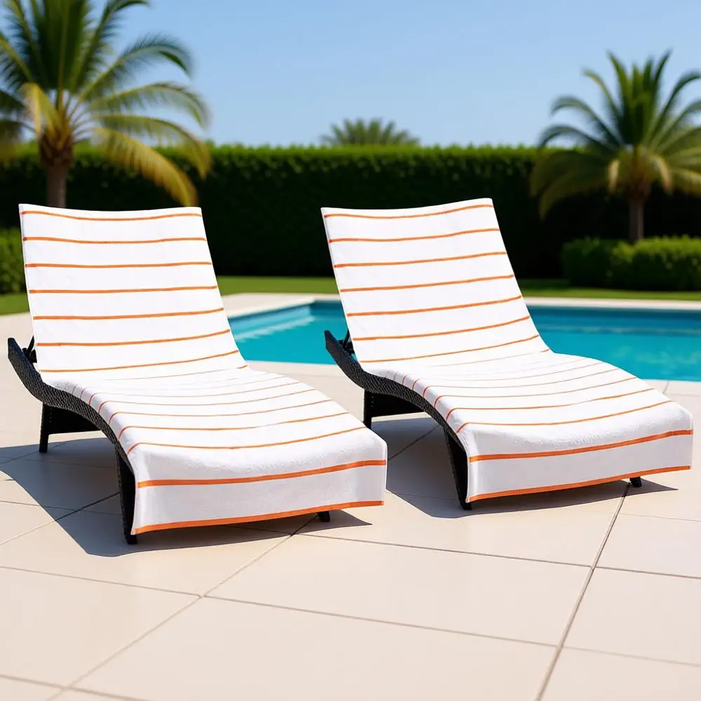 

Набор из 2 чехлов для шезлонгов из полосатого хлопка с карманом, 30 x 85, оранжевый, для уличных пляжных или бассейновых кресел