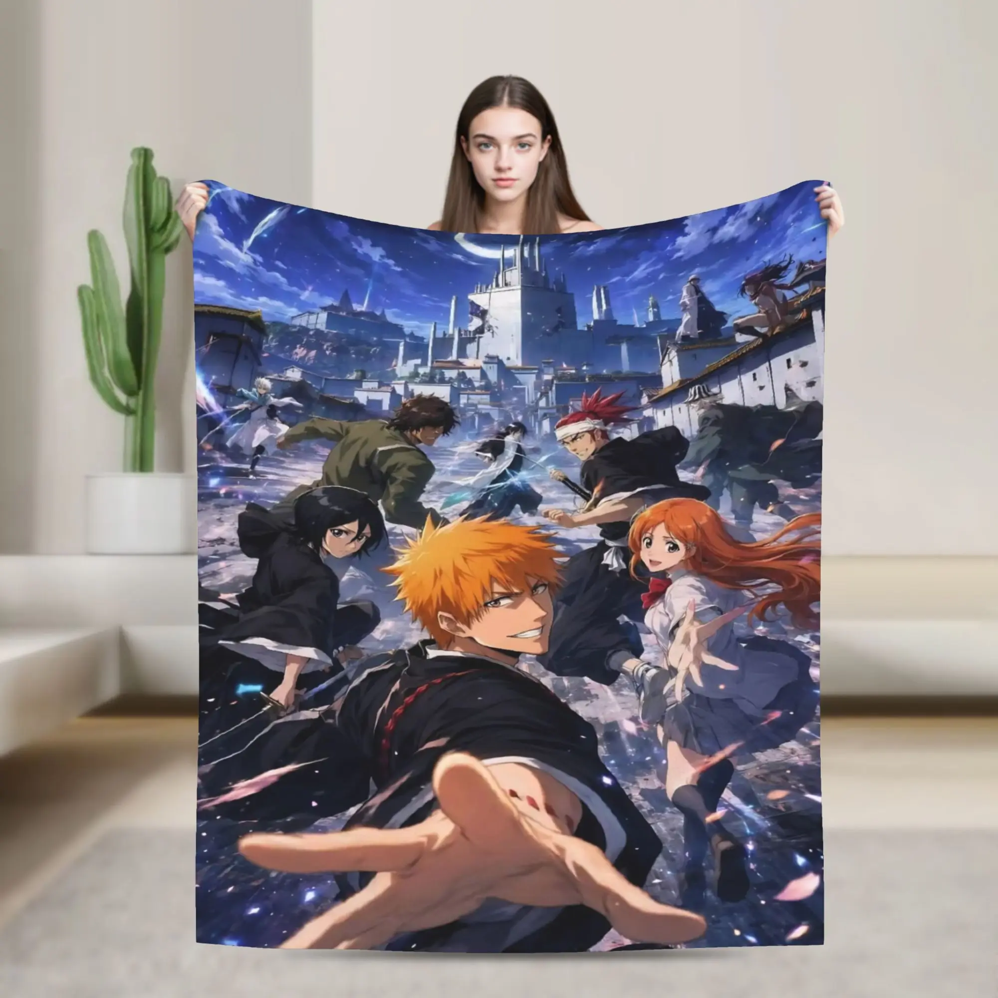 Kurosaki Ichigo Orihime Coral Fleece Plush Throw Blanket Bleaches Anime Blankets for Bed Travel Warm Quilt