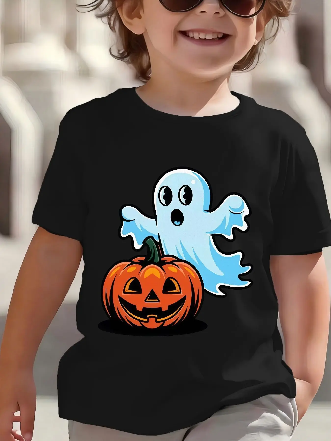 Kids Cute Halloween Ghost And Pumpkin Graphic Tee Boys Girls Family Matching Short Sleeve Holiday Cartoon Casual Daily T Shirt