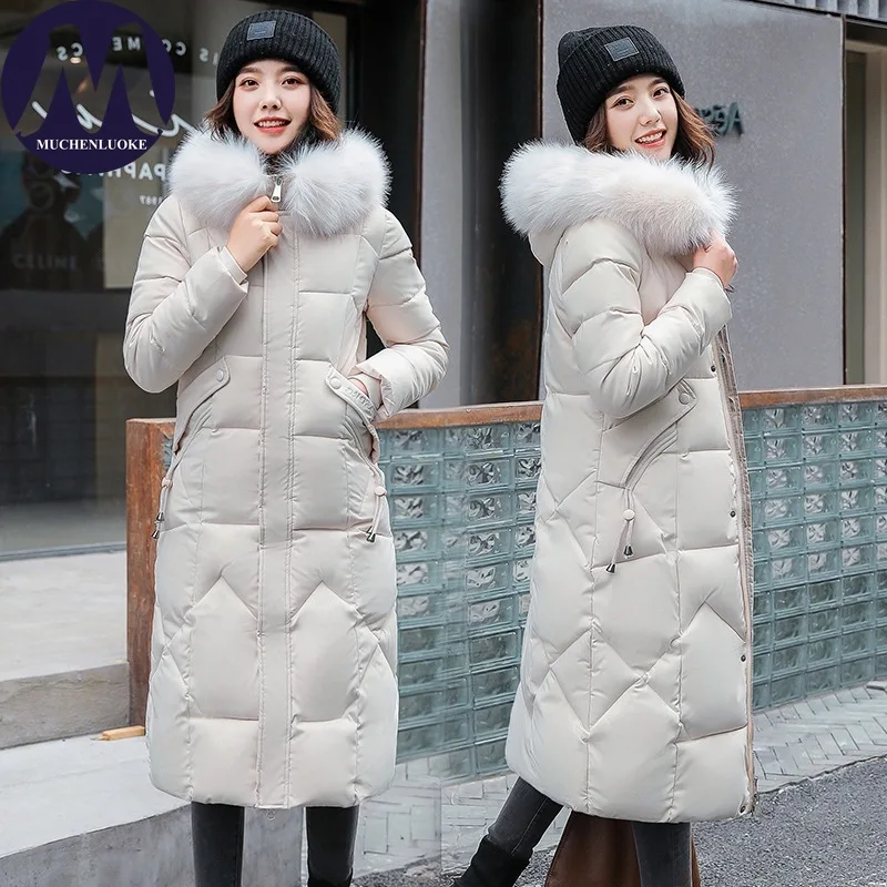 

Women's Down Jacket Winter New Elegant Hooded Fur Collar Thickened Warmth Coat Korean Fashion Slim Fit Women Mid-length Parkas