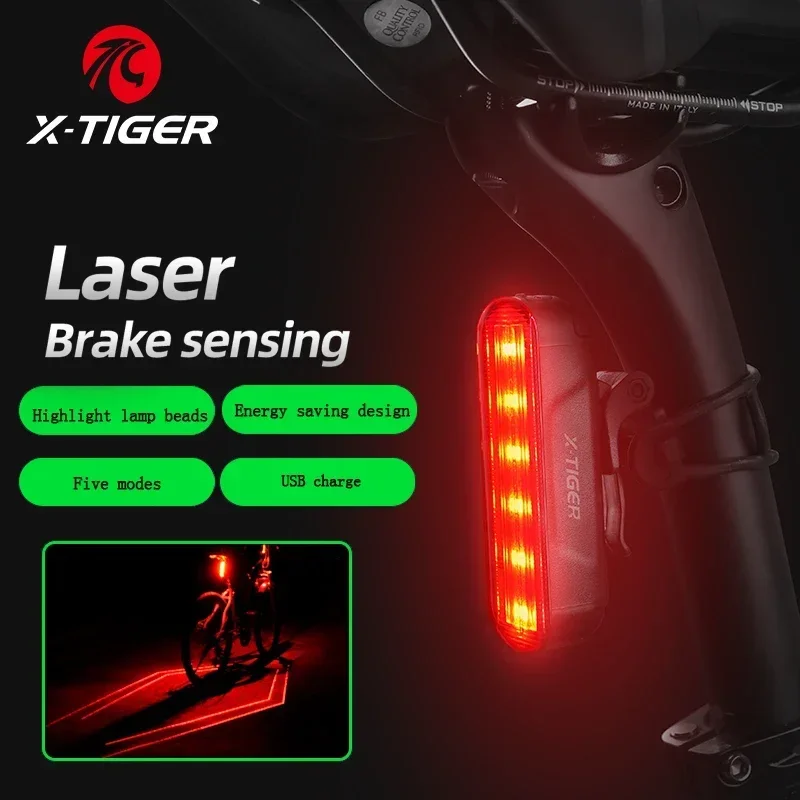 X-Tiger Bicycle Smart Tail Light Rechargeable LED Laser Cable Riding Tail Light with Brake Sensor Riding Accessories Bike Light