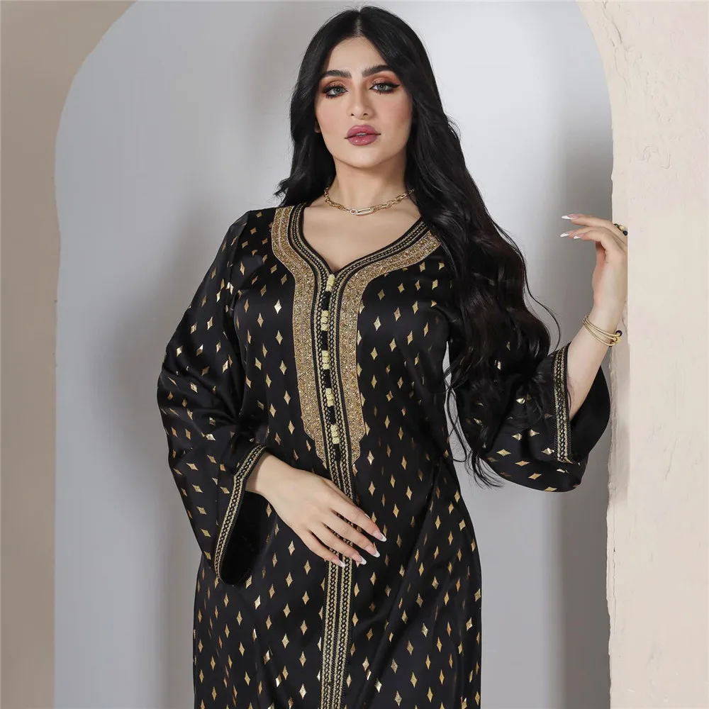 

Dubai Arabic Muslim Abaya Dress for Women Long Dress Fall 2024 Moroccan Kaftan Maxi Robe Turkish Islamic Jalabiya Gold Stamping