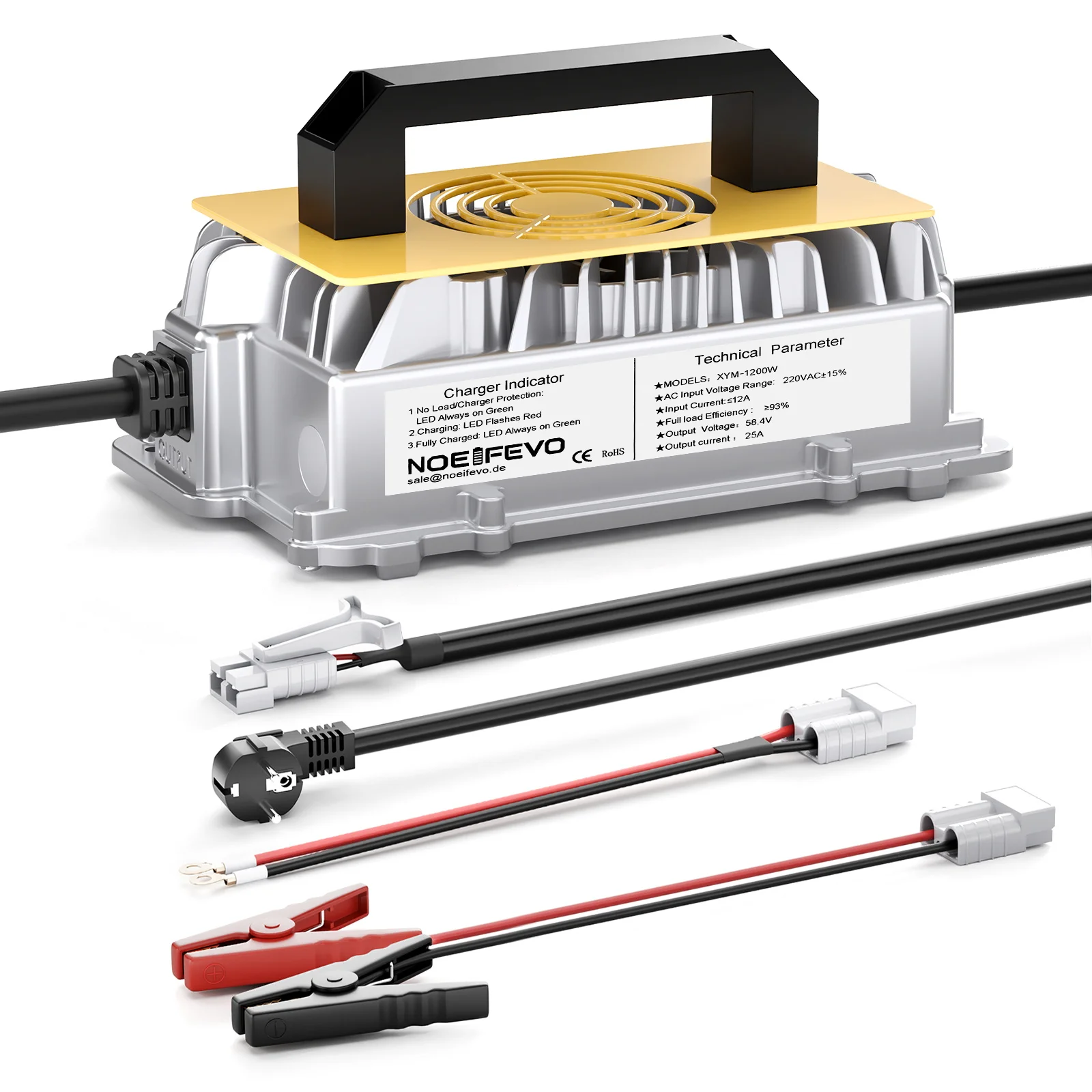 NOEIFEVO 48V (51,2V) 30A lithium LiFePO4-batterijlader, IP65 waterdicht, 0V BMS geactiveerd, 58,4V snellader voor 16S-batterij