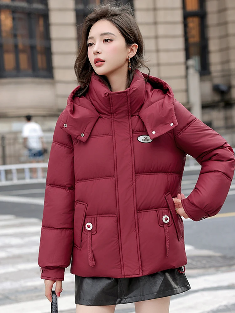 

Красная хлопковая куртка с капюшоном для женщин, теплая, свободного кроя, зимнее пальто в корейском стиле, на молнии, из полиэстера, с длинными рукавами