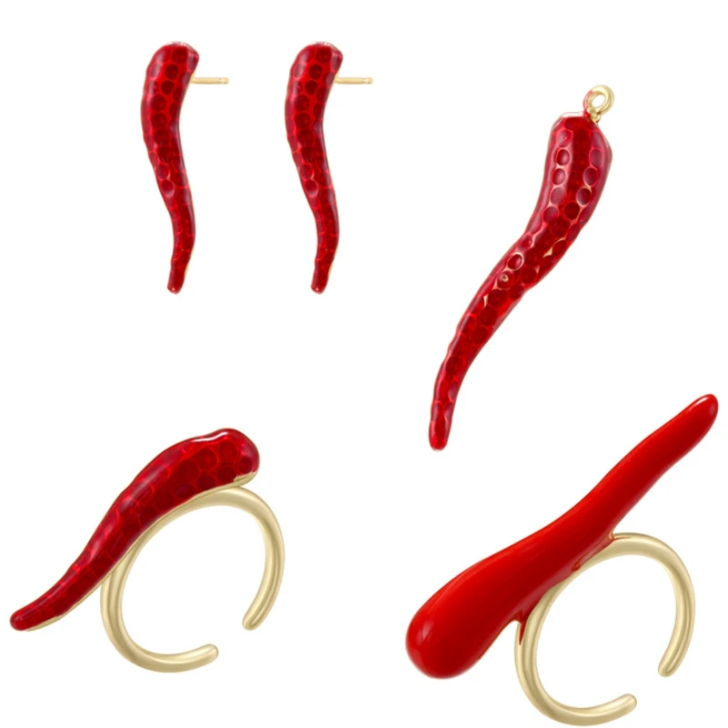 Red Enamel Chili Pepper Stud Earrings 18K Gold Plated Brass Cute Hot Pepper Food Novelty Jewelry for Women Party Gift:VD1907