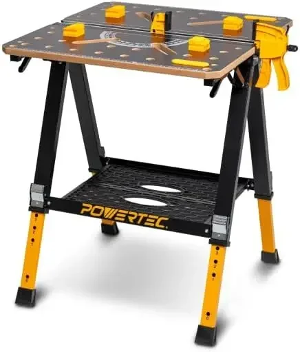 2-in-1 Folding Work Table & Sawhorse – 1000 lb Capacity Portable Workbench with 8-Level Height Adjustment, Clamps, Bench Dogs &