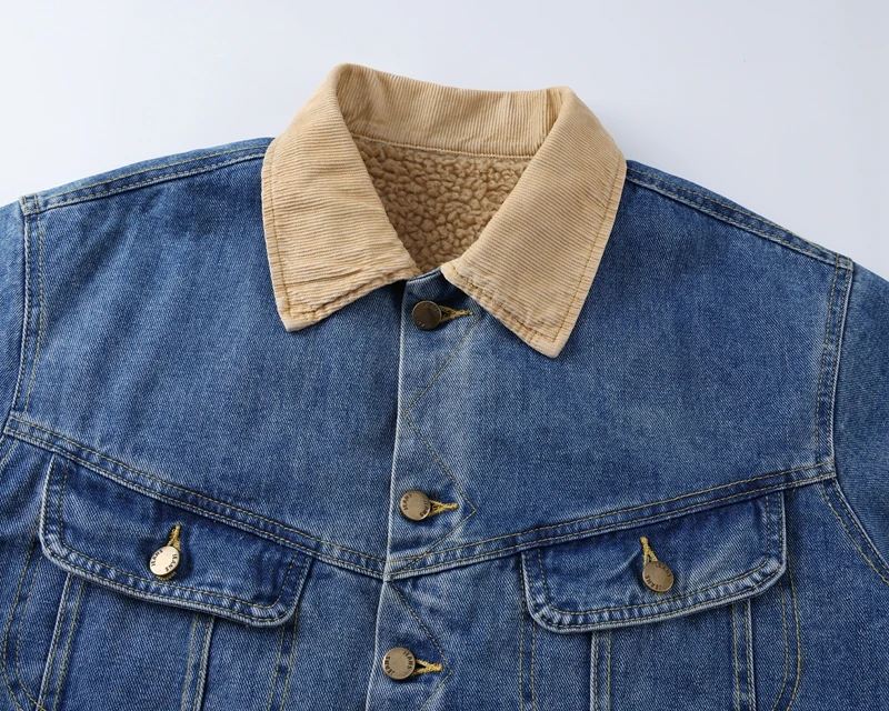 Sherpa-gefütterte Jeansjacke mit Patchwork-Kordkragen, Fleece-Cargojacken für Herren, Vintage-Waschung, Oversize-Warm-Jeansmantel für den Winter – Detail 4
