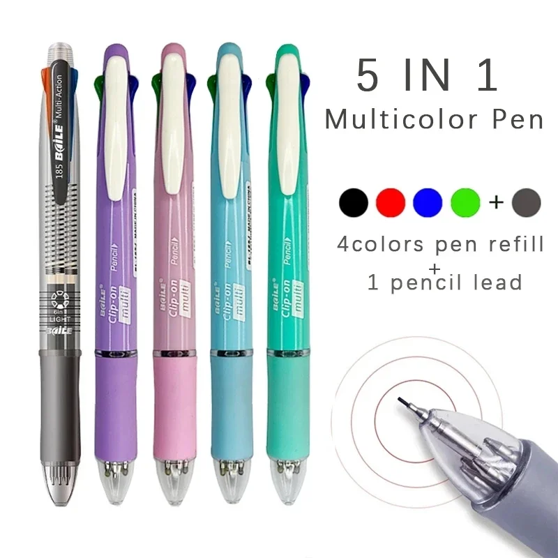 5pcs/set 5 In 1 Multicolor Ballpoint Pens 4 Color Ball Pen Refill Pencil Lead Multifunction Pen Office School Writing Stationery