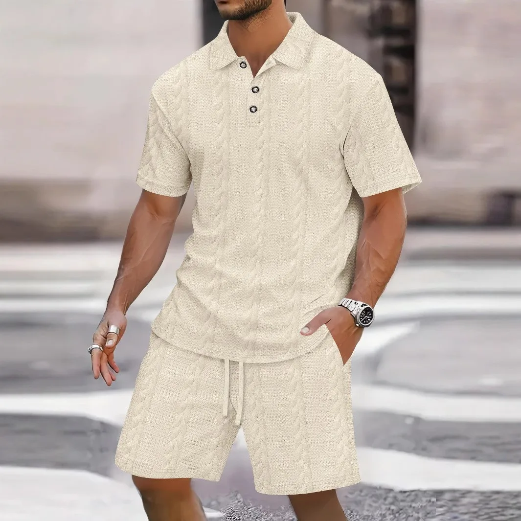 

2025 Summer New Men's fashion casual solid-color Polo short-sleeved lapel two-piece shorts men's set