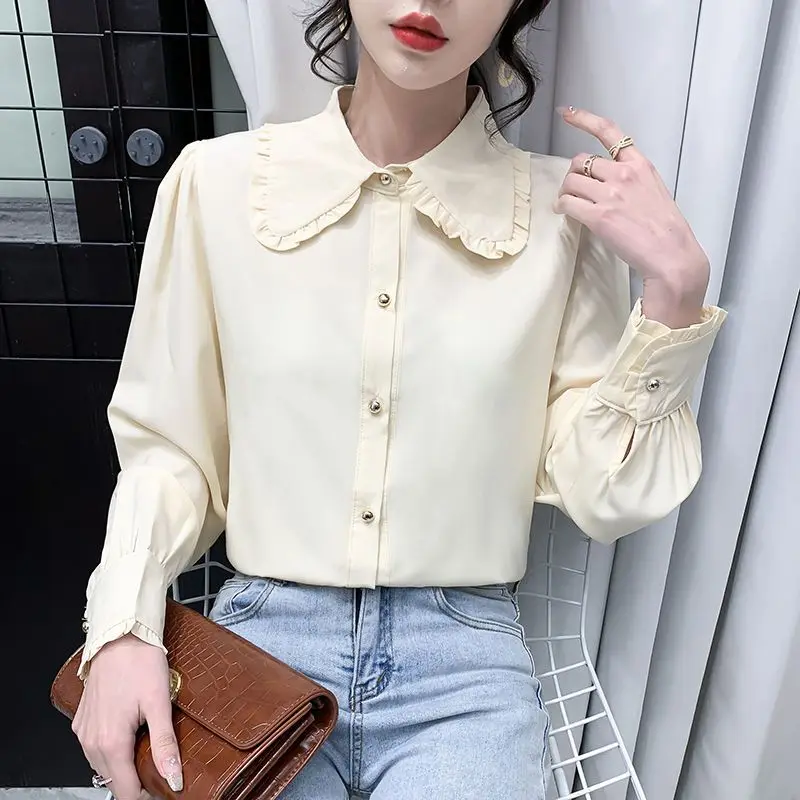 Office Lady Solid Color All-match Blouse Spring Autumn New Long Sleeve Polo Neck Youth Shirt Tops Fashion Elegant Women Clothing