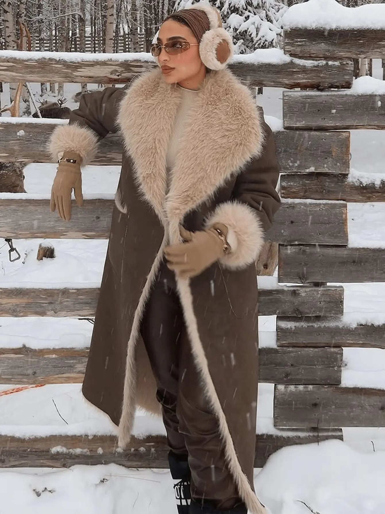 Women Reversible Faux Shearling Long Coat, Winter Thick Faux Fur Collar Warm Faux Suede Outerwear Oversized Pocket Trench Coat