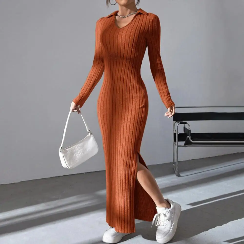 Women Long-sleeved Lapel Dress Elegant V Neck Maxi Dress For Women Slim Fit Knitted Ankle Length Dress With Slit For Shopping