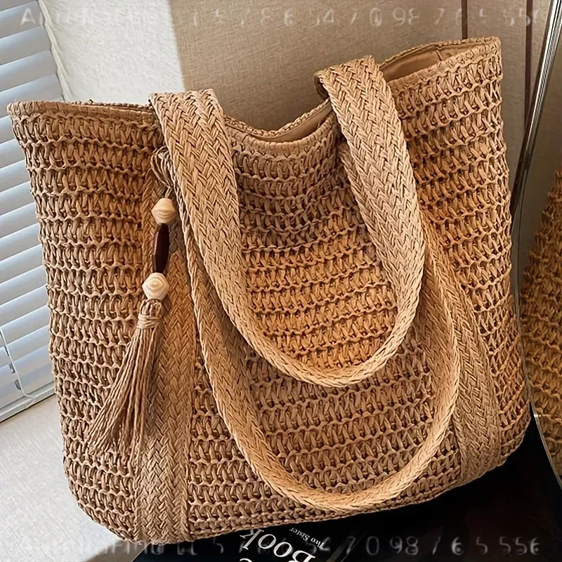 New Women Solid Color Handwoven Straw Shoulder Bag Large Capacity Tote with Tassel Classic Square Style Summer Vacation Beach