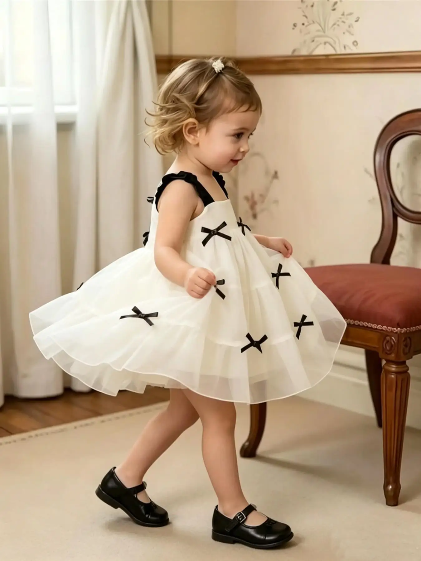 Preschool girl bow decoration sun skirt pleated shoulder strap layered design skin friendly fabric baby wardrobe essential dress