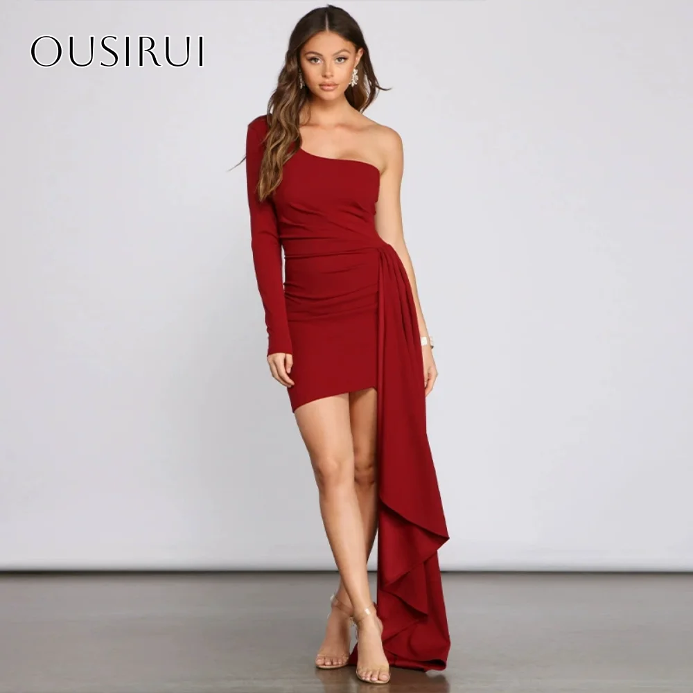 

One Shoulder Long Sleeve Satin Short Sheath Cocktail Dresses Ruffled Sash Customized vestido corto elegante