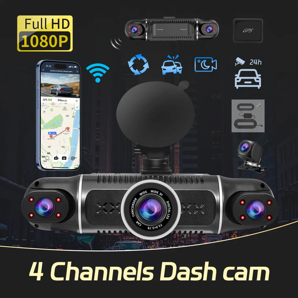 

Car Dvr Dash Cam WiFi Free 64GB Card GPS 24Hr Parking Monitor 4Channel Dashboard Camera Night Vision Loop Recording Black Box