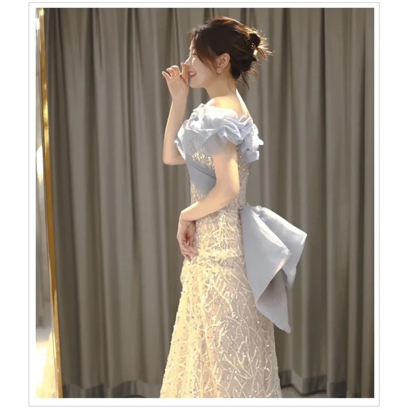 Vestido de Noche Largo de Verano 2026 para Mujer, Nuevo, con un Solo Hombro, Brillante, Estilo Cola de Pez, Elegante, Estilizador, para Fiesta o Brindis Nupcial